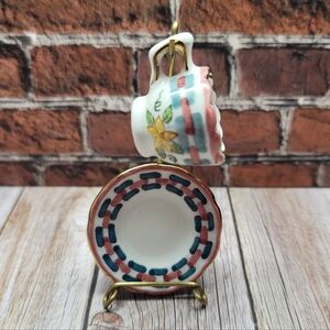 Yellow Floral Plaid Miniature Tea Cup & Saucer w/Brass Stand